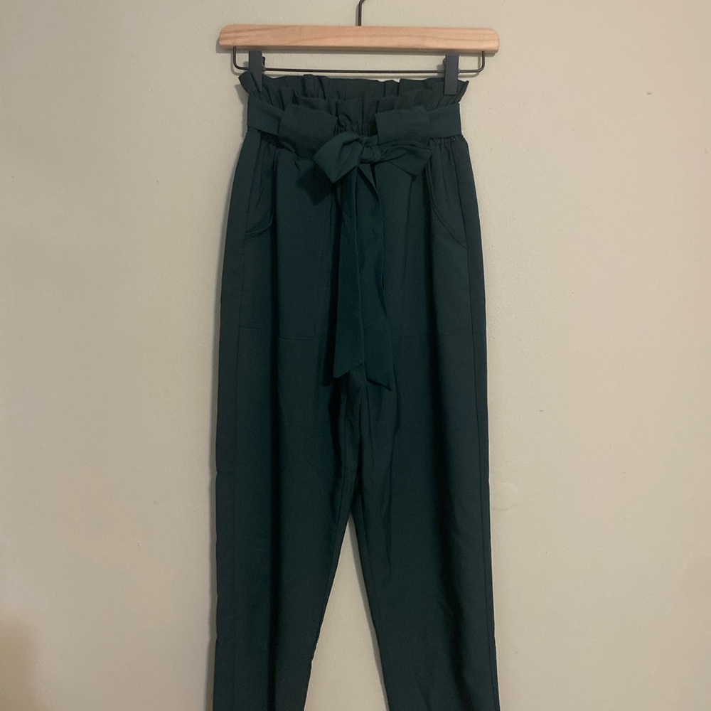 Tie Waist Work Pants Trouser - Forest Green High-Waisted Pants
